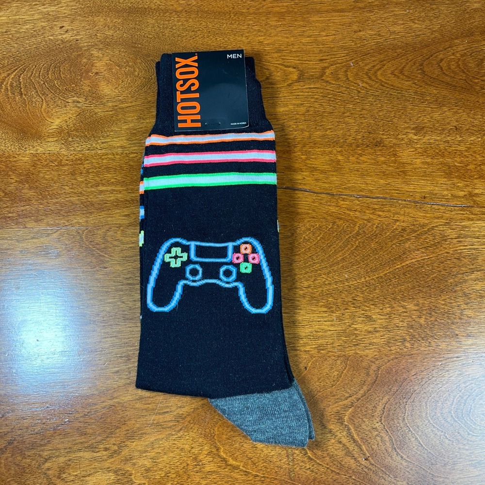 Game Controller Neon Stripes Hot Sox Men's 10-13 Black Crew Socks